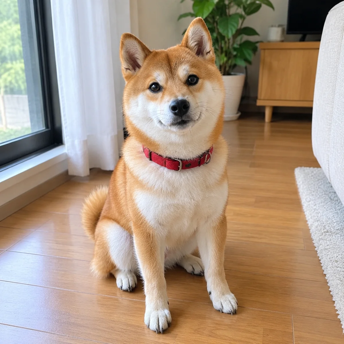 赤い首輪をして床に座っている柴犬の写真
