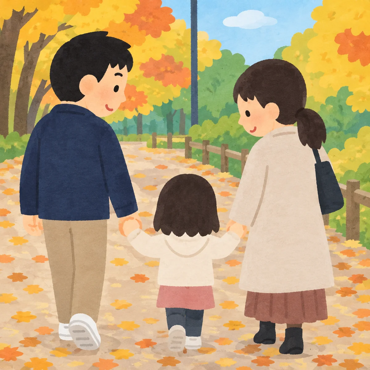 紅葉の道を歩く三人家族の写真を、シンプルな線のイラストにした例