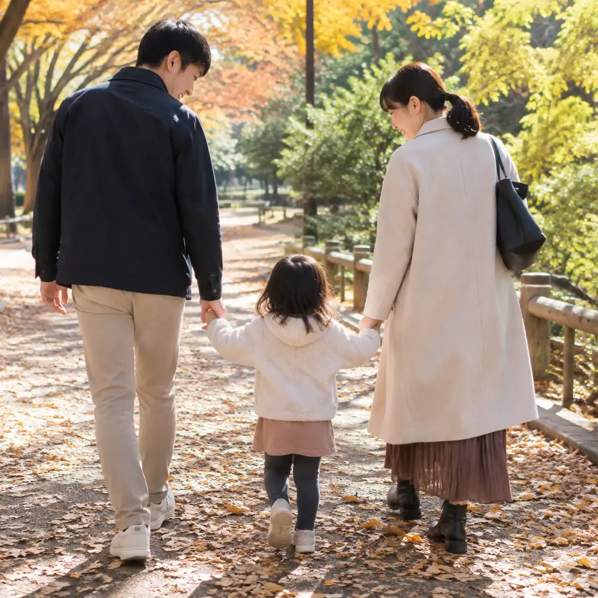 紅葉の道を、子どもを真ん中に手をつないで歩く三人家族の後ろ姿の写真