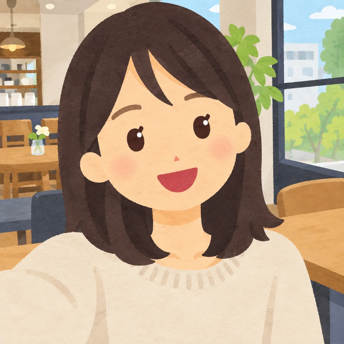 カフェでベージュのセーターを着て微笑む女性の写真を、ゆるくてかわいいフラットなイラストにした例