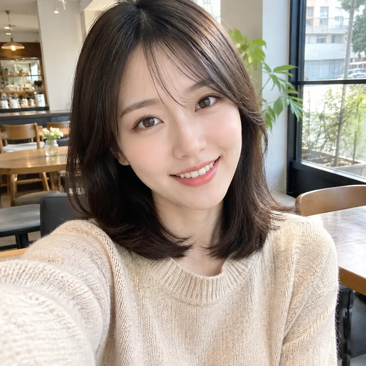 カフェでベージュのセーターを着て微笑む女性の上半身の写真